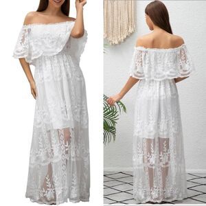 HOYISHION Off Shoulder Floral Lace Maxi Dress White Large